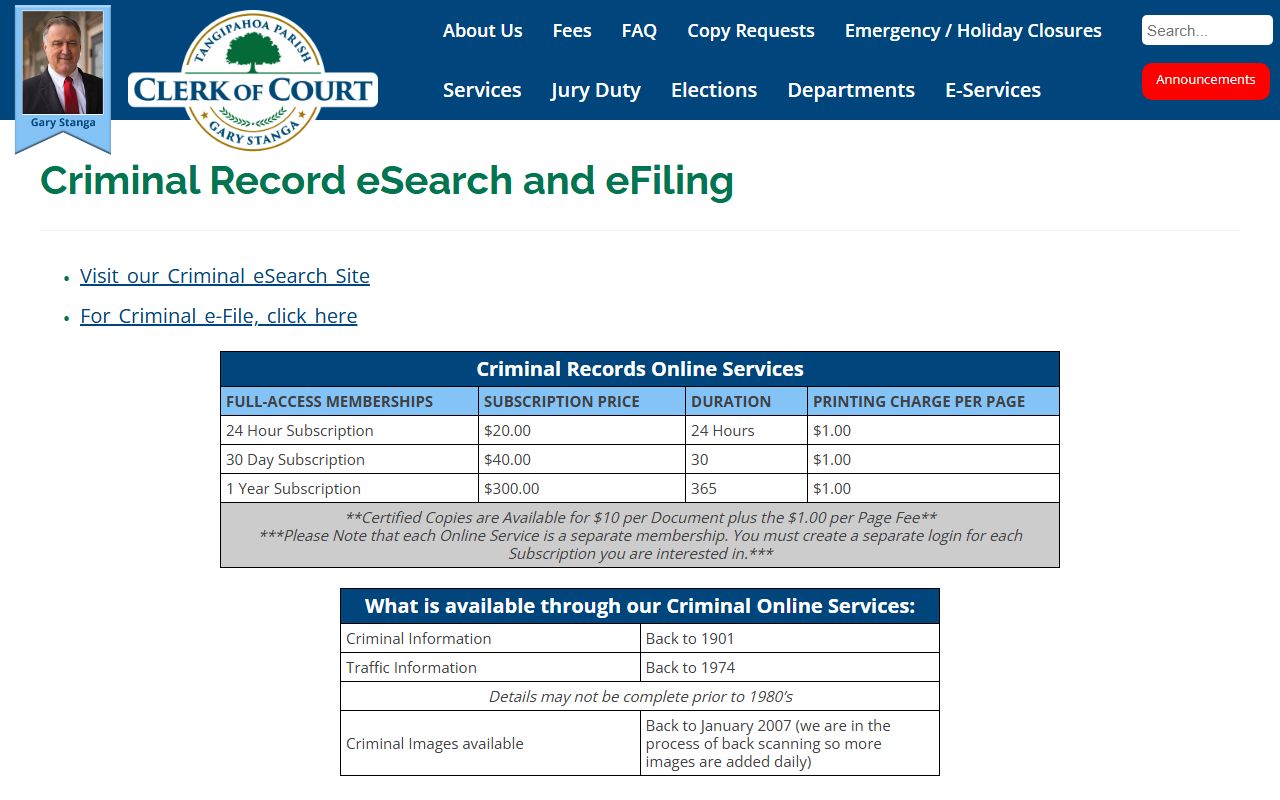 Tangipahoa Parish Criminal Record eSearch portal for Hammond felony case searches