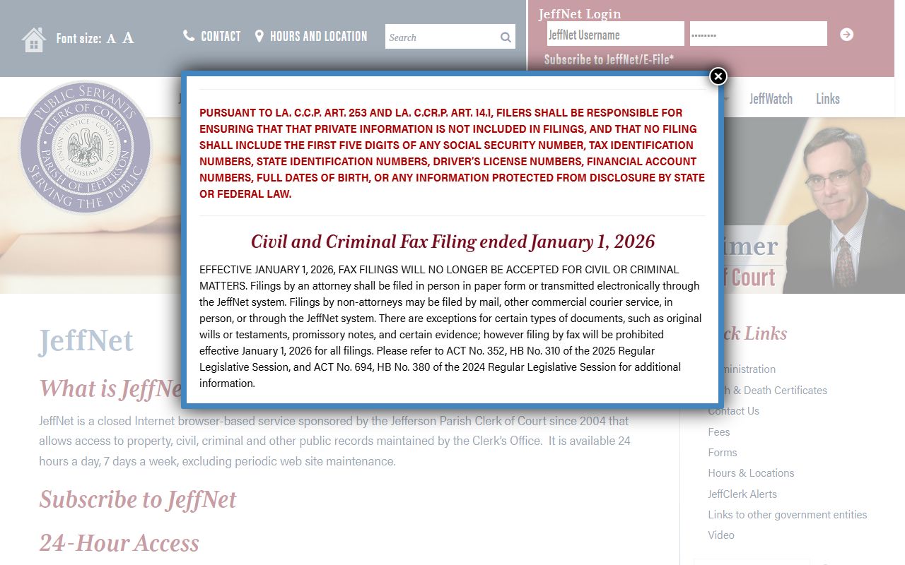 JeffNet portal for online Jefferson Parish and Kenner felony record searches