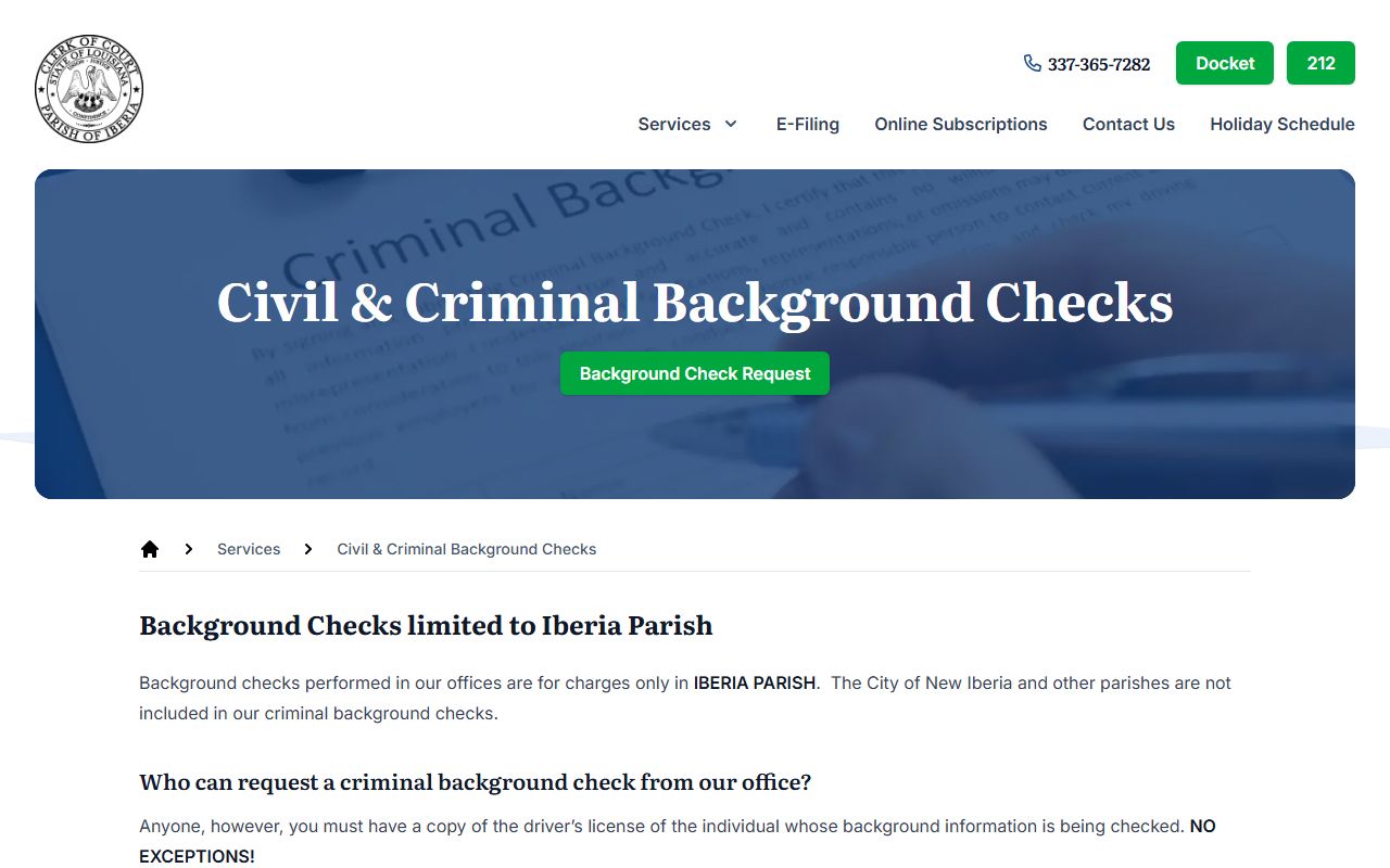 Iberia Parish Clerk background check services for New Iberia felony record searches