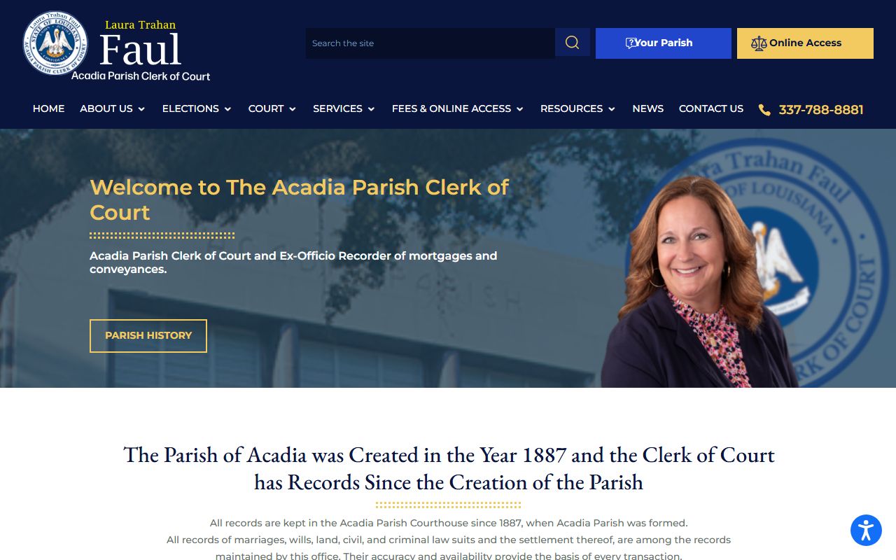 Acadia Parish Clerk of Court homepage for felony records search