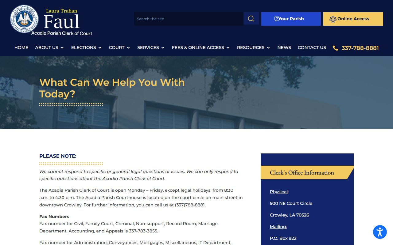 Acadia Parish Clerk departments page for accessing felony record services