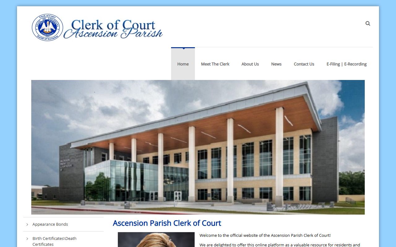 Ascension Parish Clerk of Court homepage for felony records in Donaldsonville