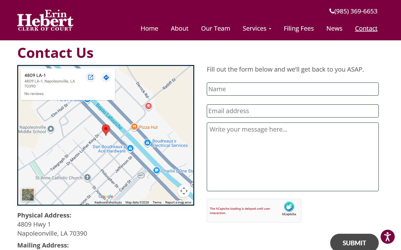 Assumption Parish Clerk of Court contact page for records requests