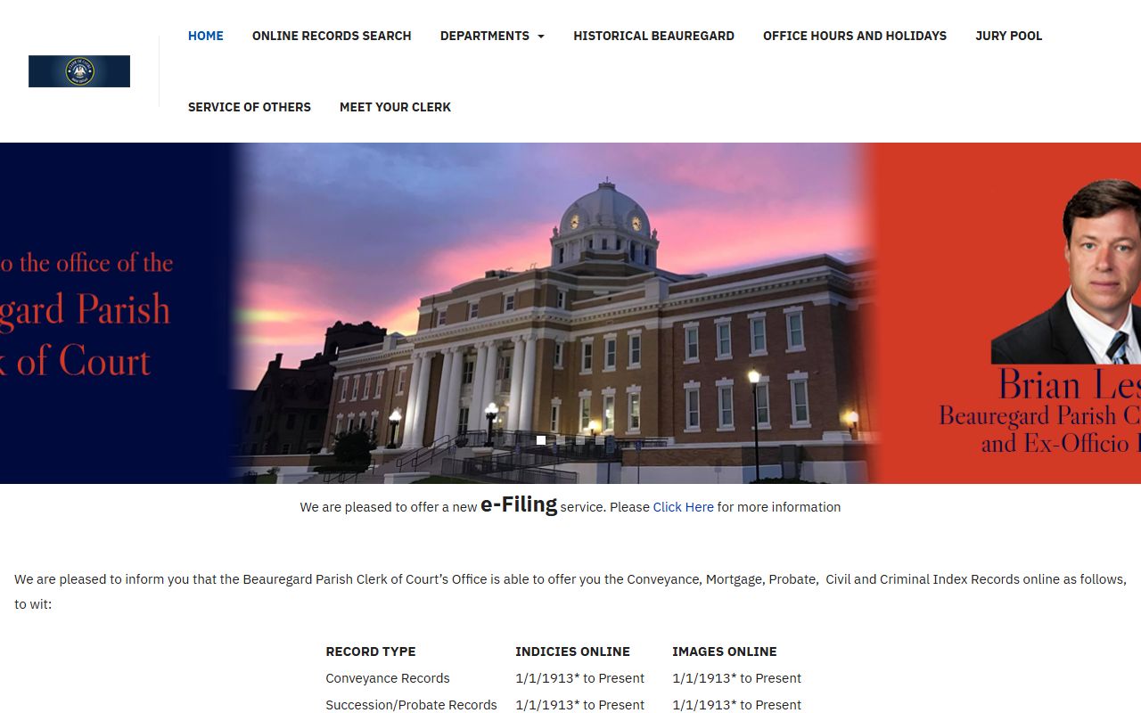 Beauregard Parish Clerk of Court homepage for felony records in DeRidder