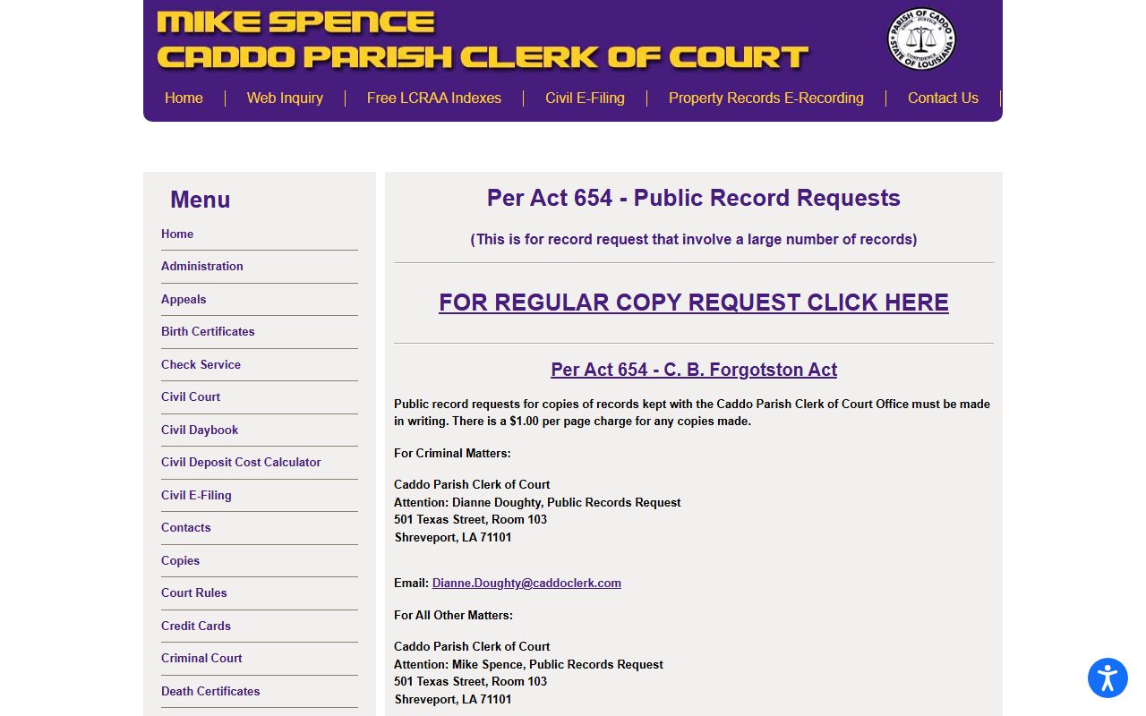 Caddo Parish records request page for criminal case files