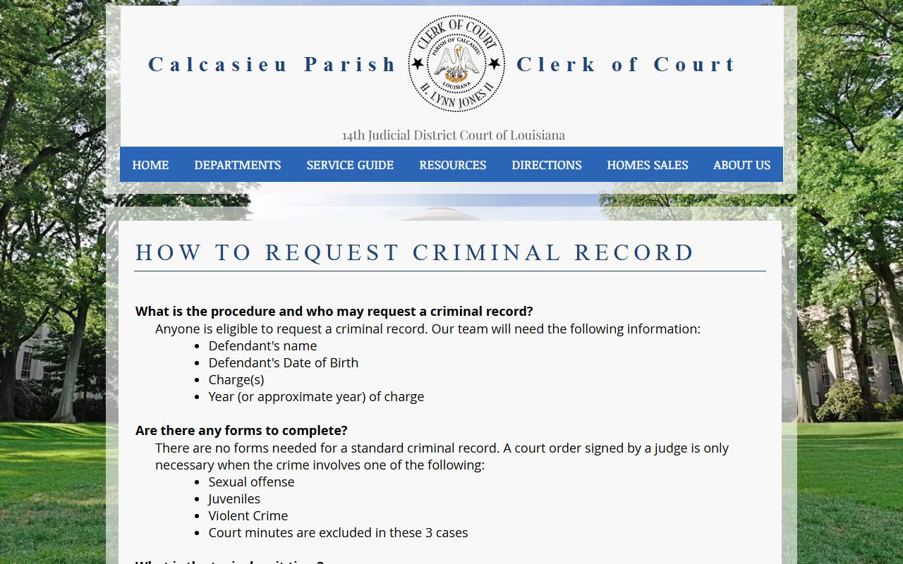 Calcasieu Parish criminal records request page