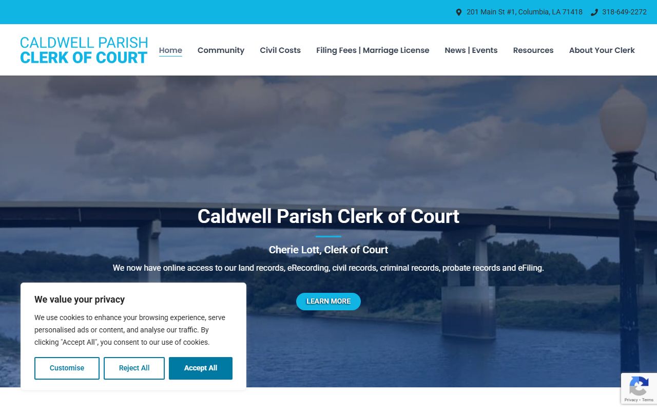 Caldwell Parish Clerk of Court homepage for felony records in Columbia