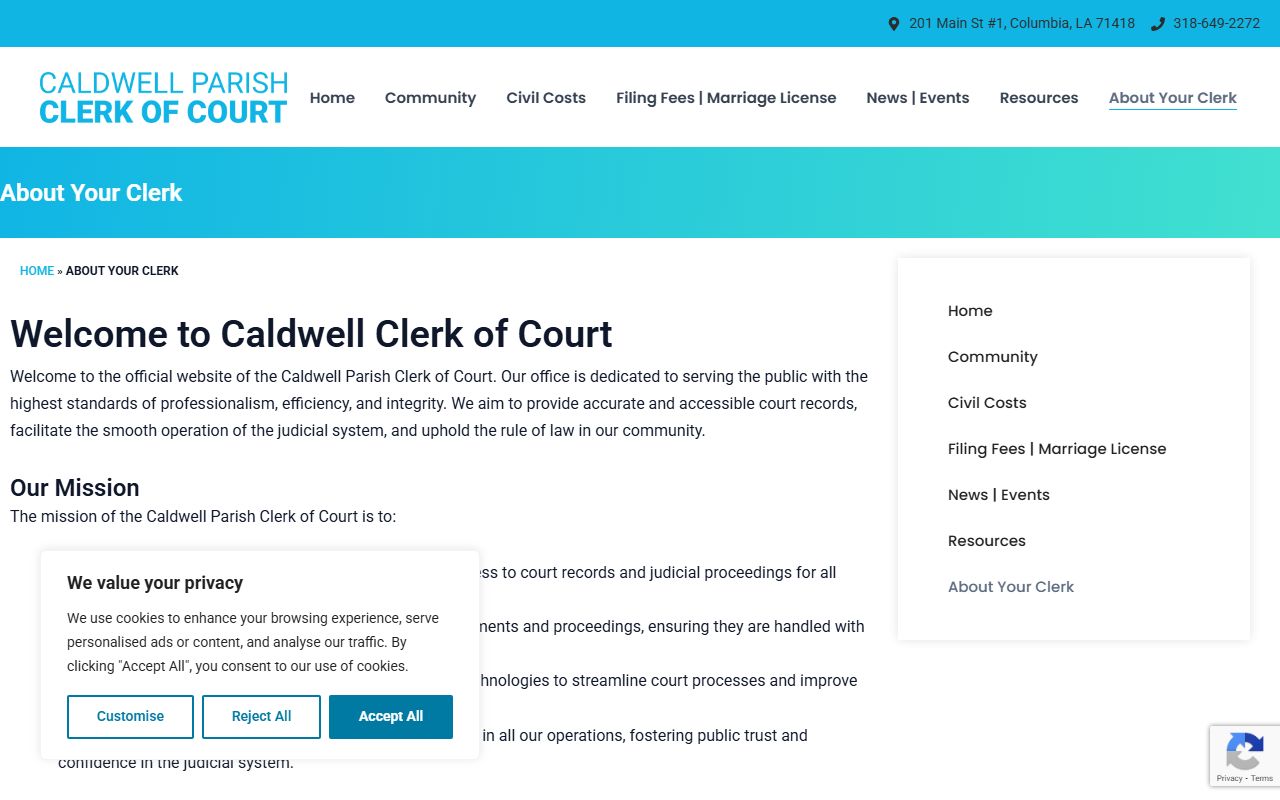 Caldwell Parish Clerk of Court about page with office and services information