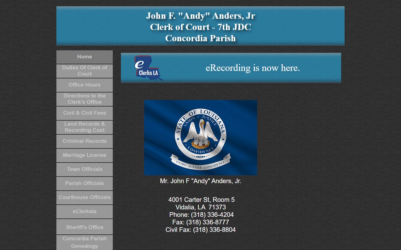 Concordia Parish Clerk of Court homepage for felony records in Vidalia