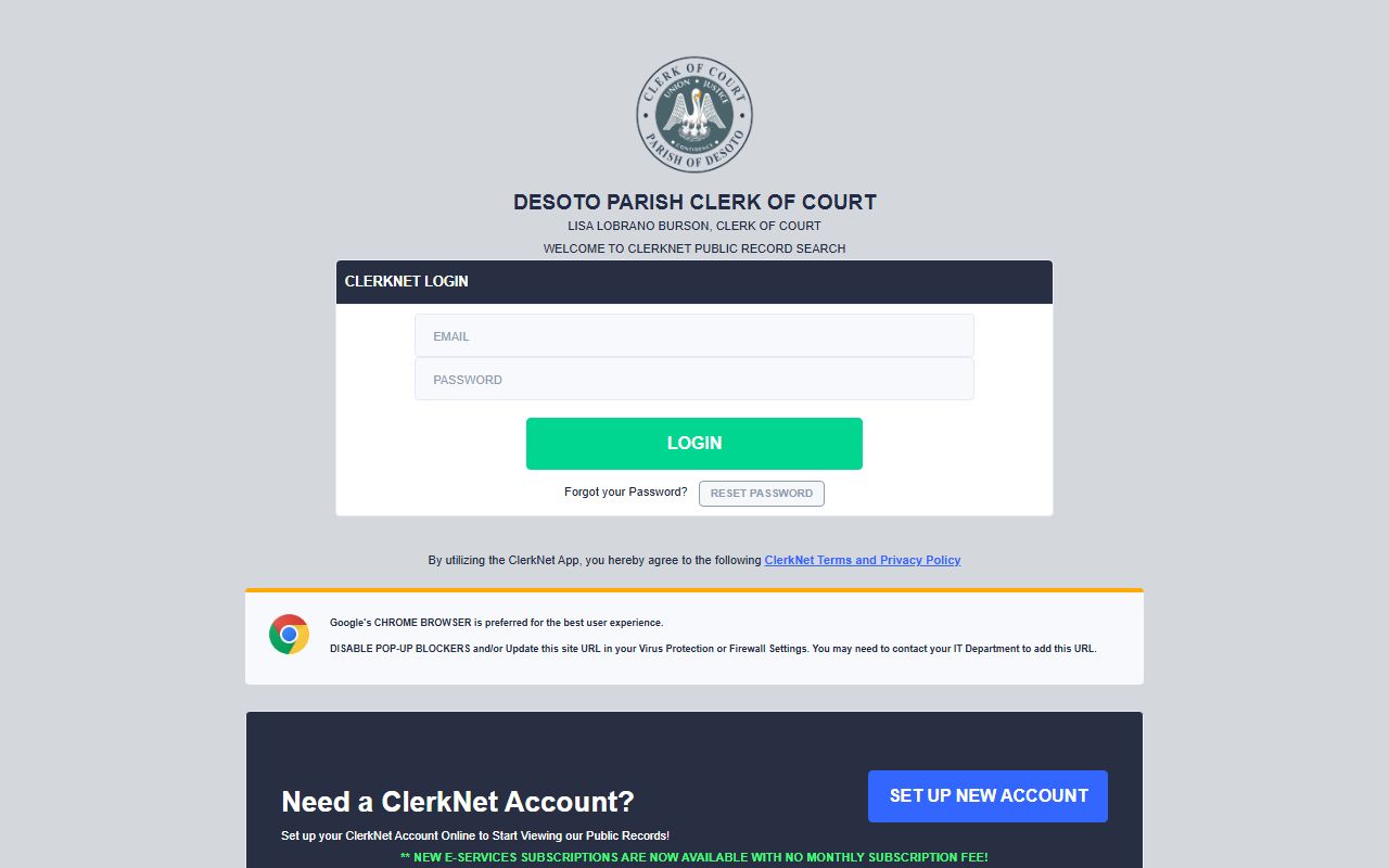 DeSoto Parish ClerkNet online search portal for felony and criminal records