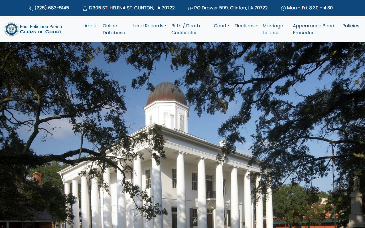 East Feliciana Parish Clerk of Court homepage for felony records in Clinton