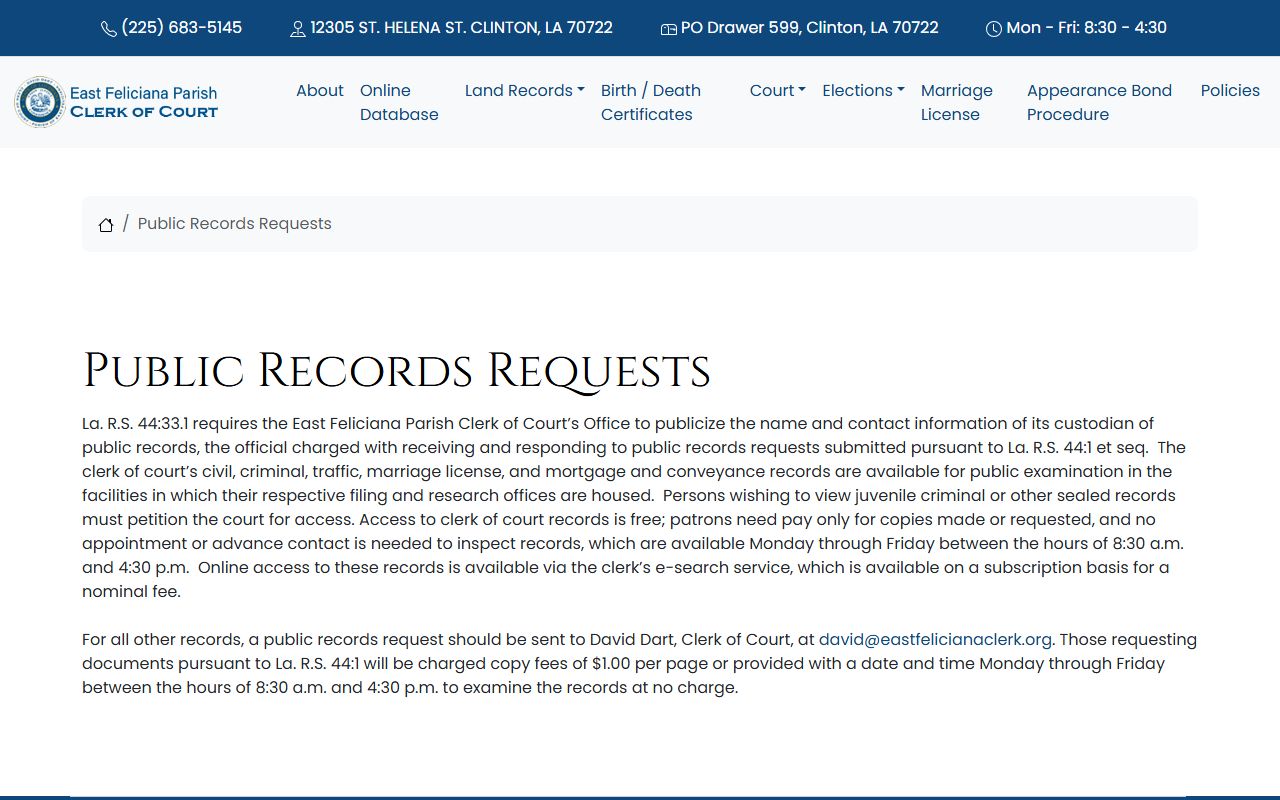 East Feliciana Parish public records request page for criminal case access