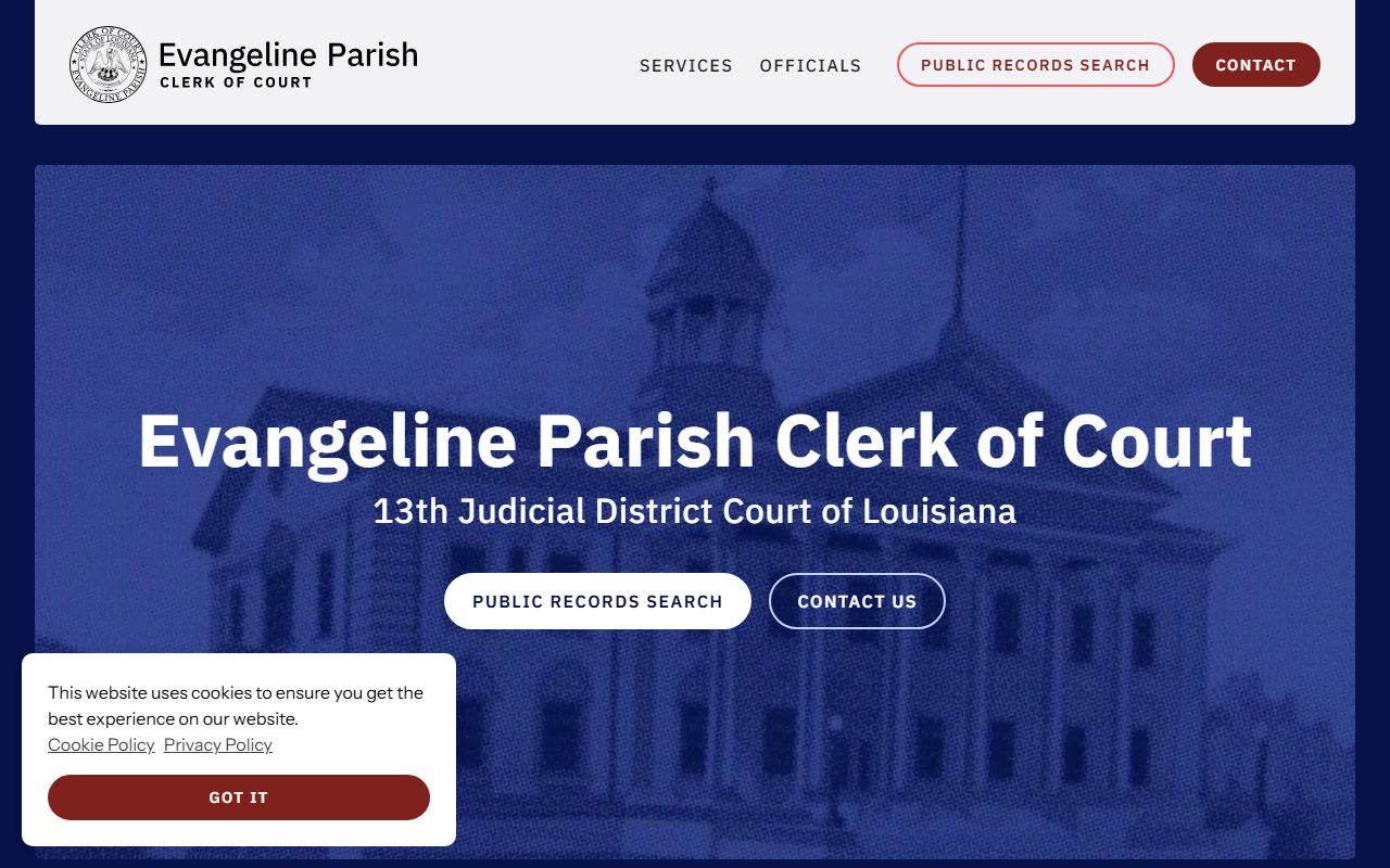 Evangeline Parish Clerk of Court homepage for felony records in Ville Platte