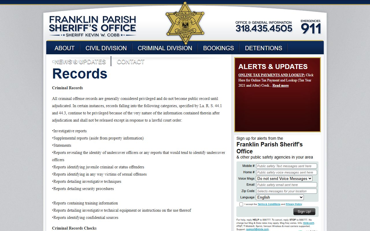 Franklin Parish Sheriff records division for arrest records and criminal history