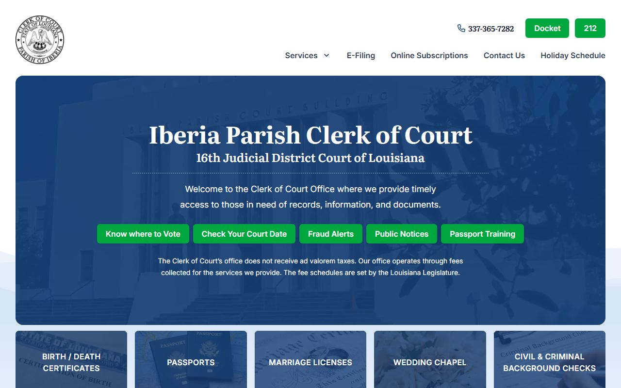 Iberia Parish Clerk of Court homepage for felony records in New Iberia