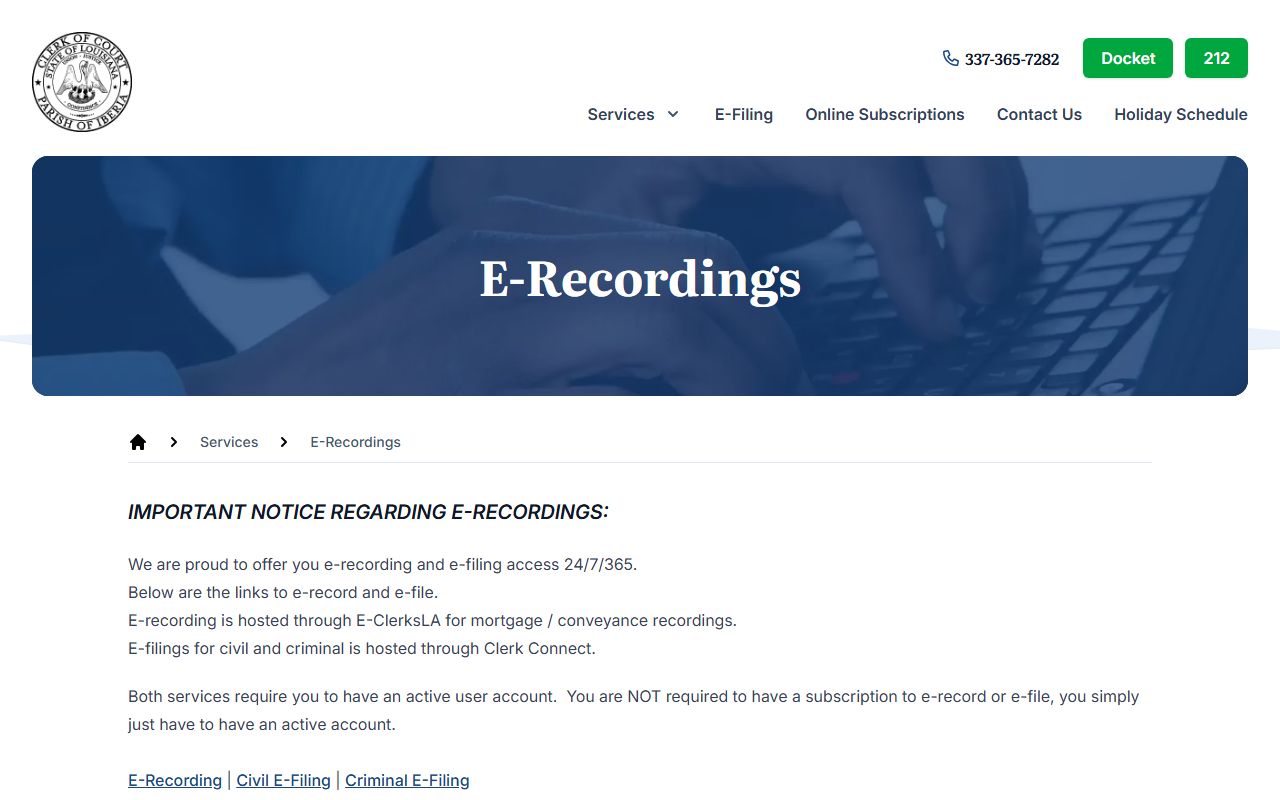 Iberia Parish e-recording services for court documents and criminal records filings