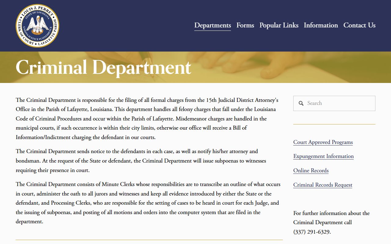 Lafayette Parish criminal records department page