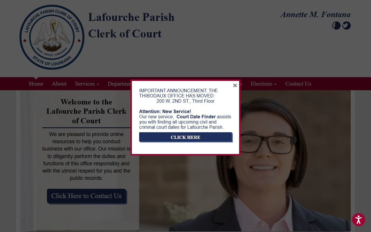 Lafourche Parish Clerk of Court homepage for felony records in Thibodaux