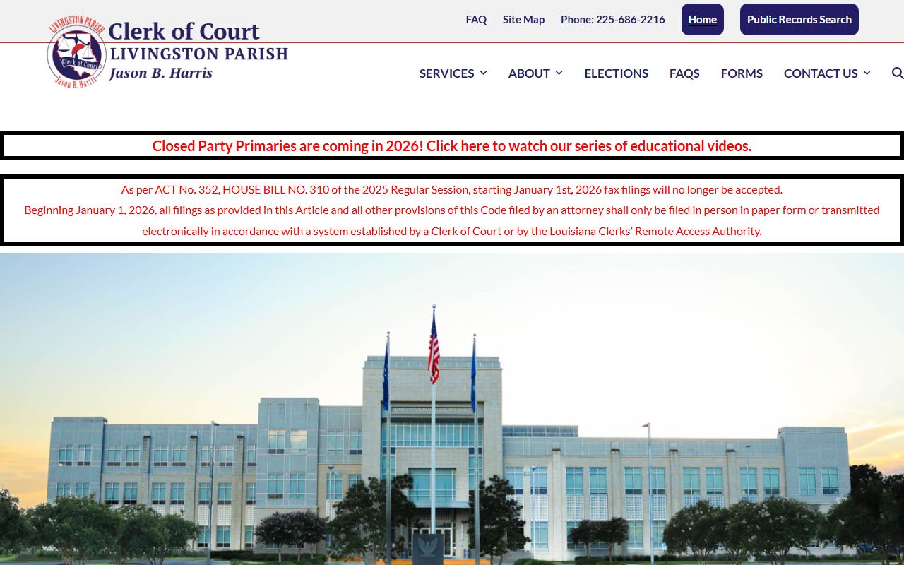 Livingston Parish Clerk of Court homepage for felony records access