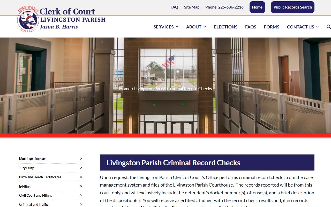 Livingston Parish criminal record checks page for background check requests