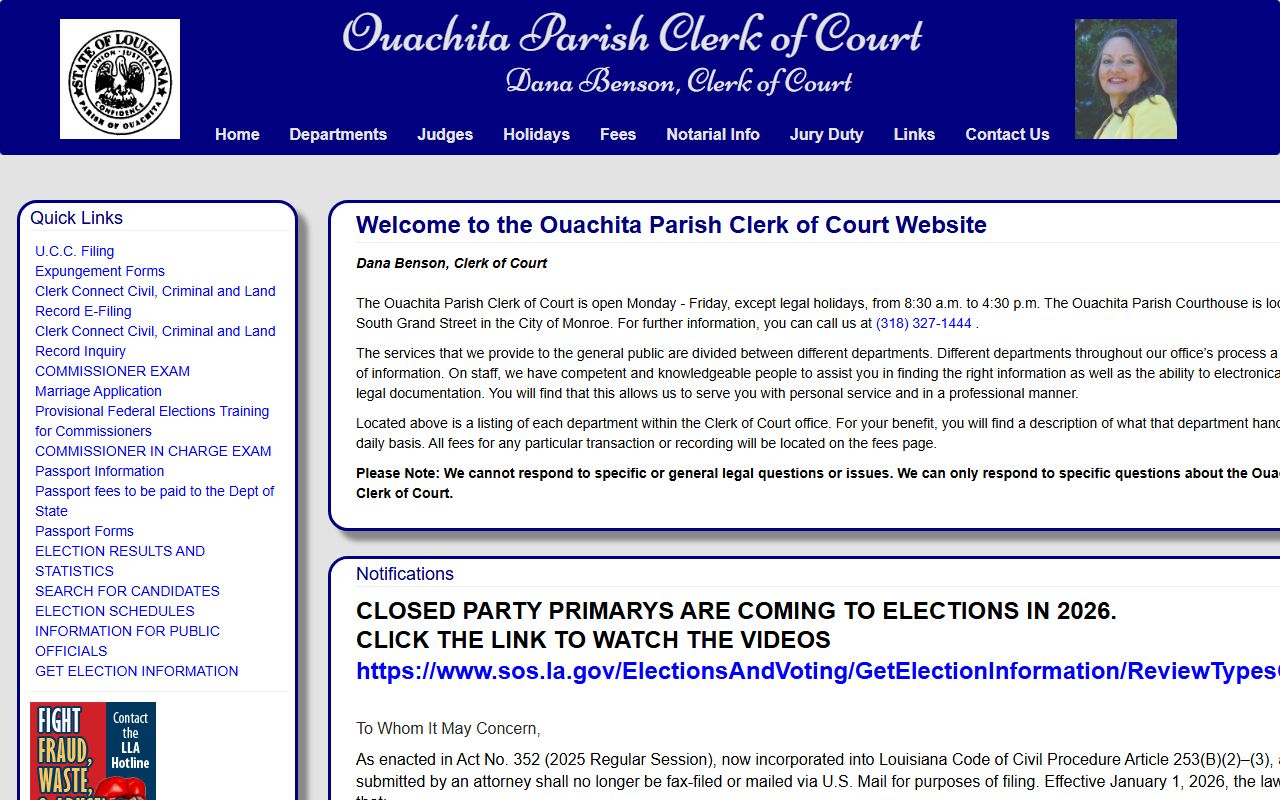Ouachita Parish Clerk of Court homepage for felony records search