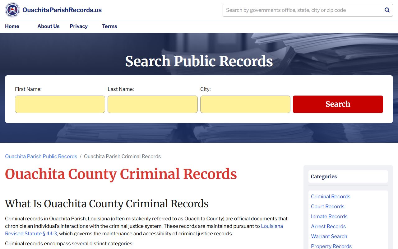 Ouachita Parish criminal records information page