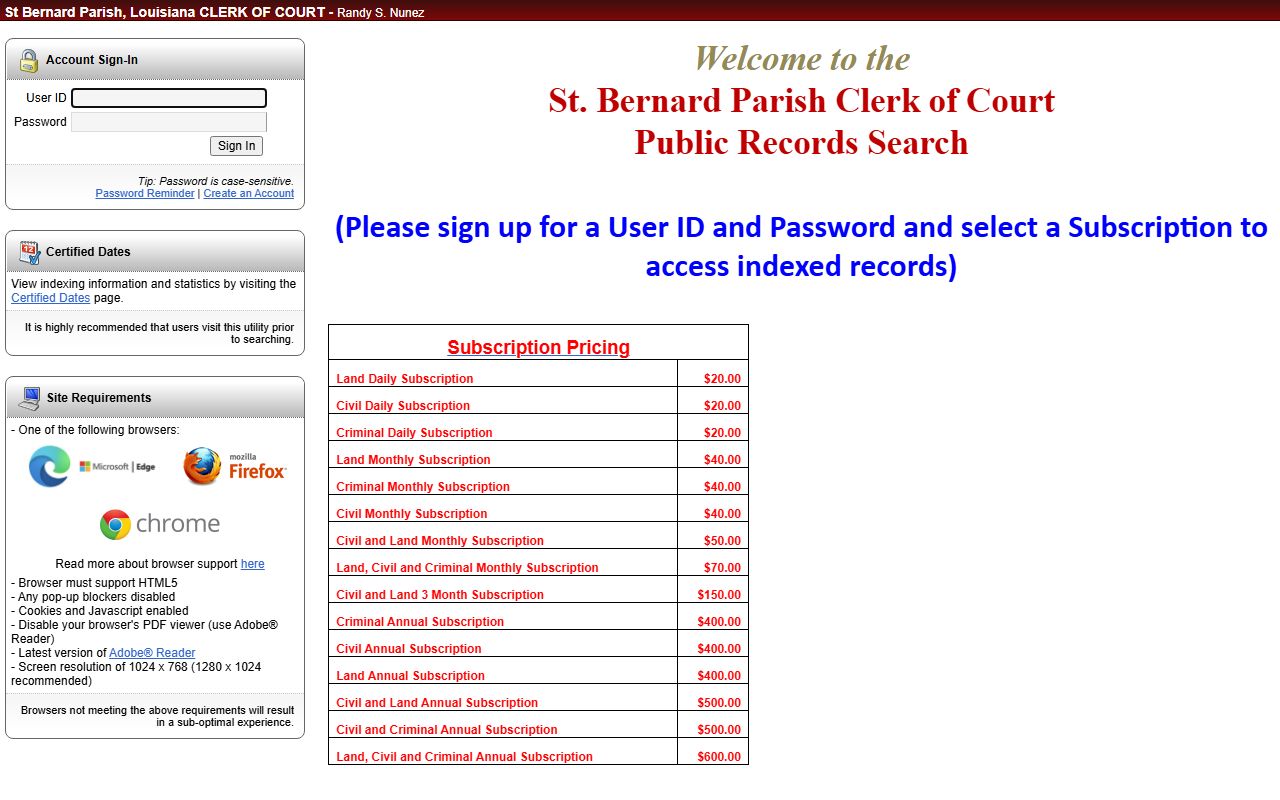 St. Bernard Parish Clerk eSearch portal for online criminal records access