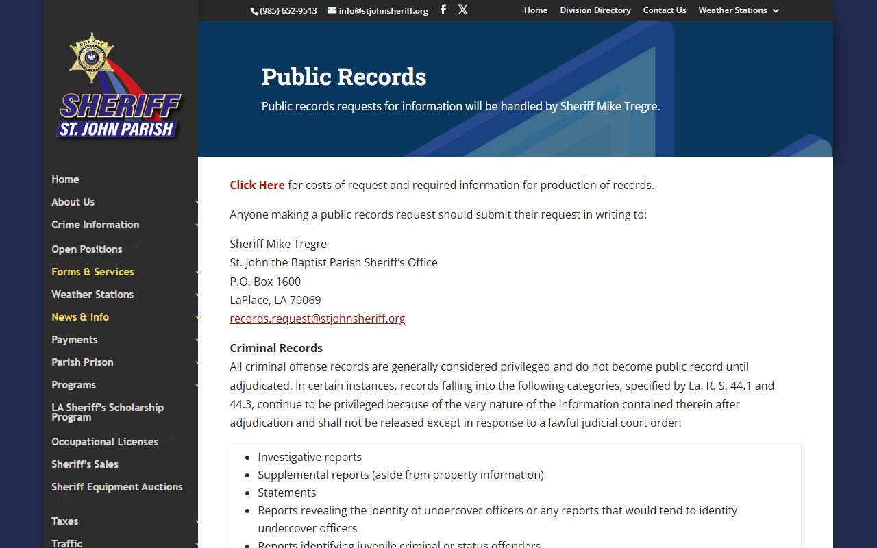 St. John the Baptist Parish Sheriff public records division for arrest and incident records