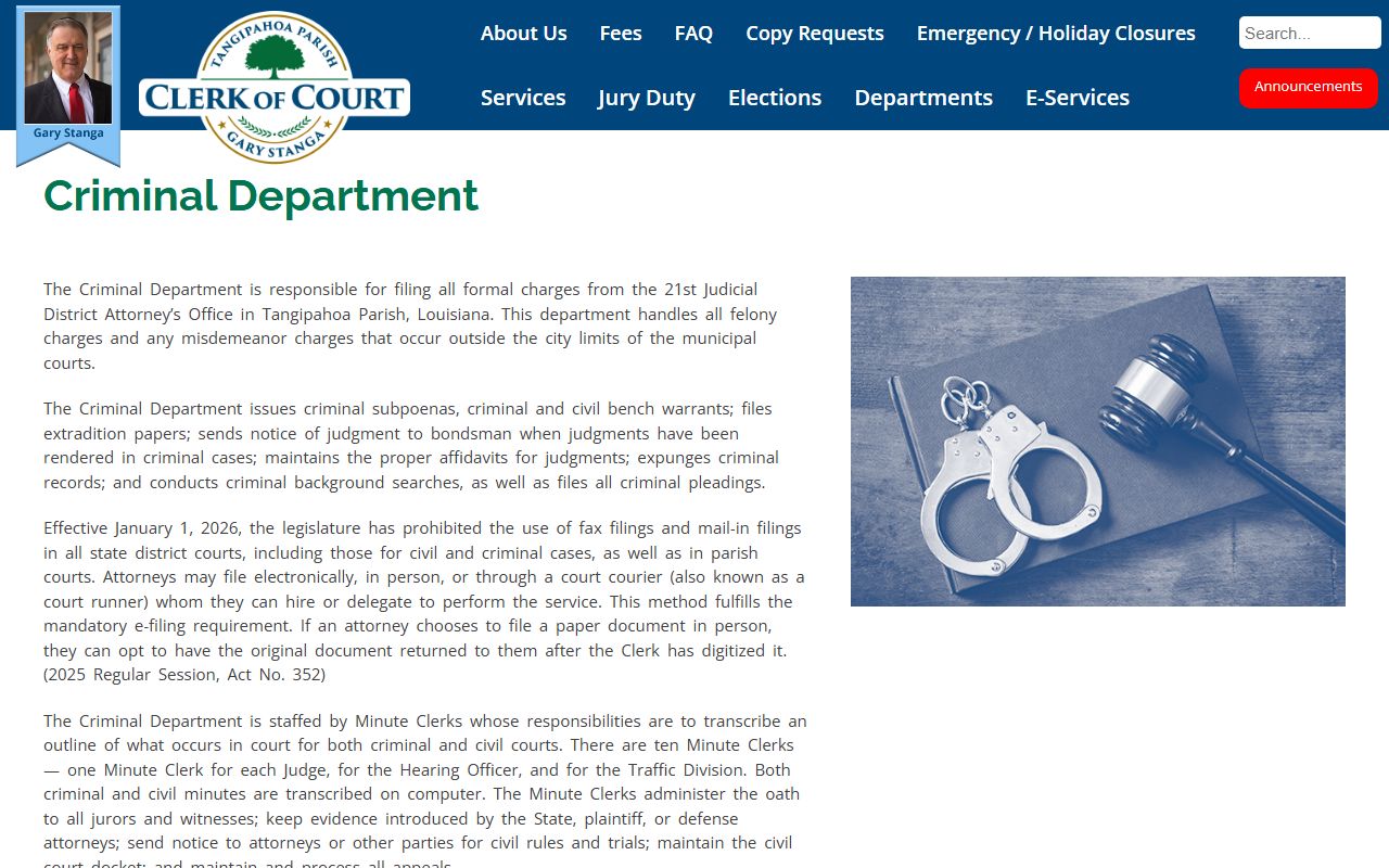 Tangipahoa Parish criminal department services and contact information