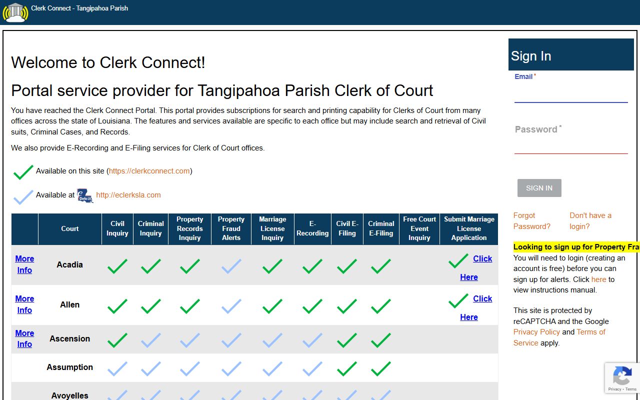 ClerkConnect civil inquiry portal for Tangipahoa Parish records