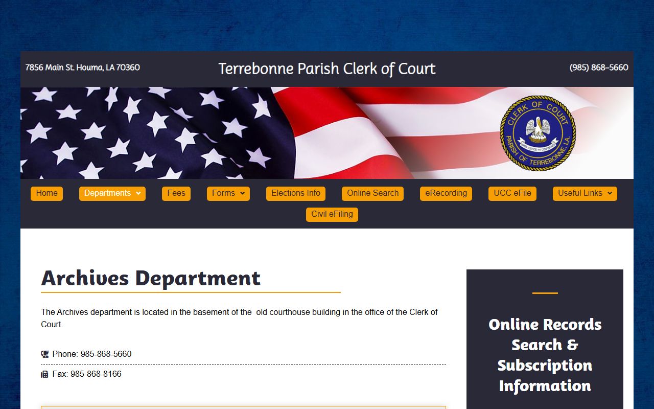 Terrebonne Parish Clerk archives section for historical court records in Houma