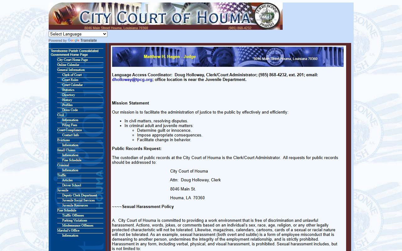 City Court of Houma for misdemeanor criminal matters separate from Terrebonne Parish felony records