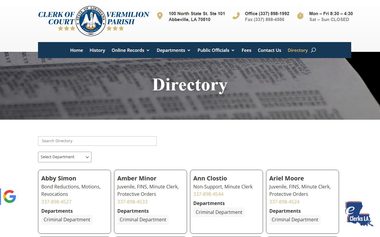 Vermilion Parish Clerk directory for contact information and criminal records access in Abbeville