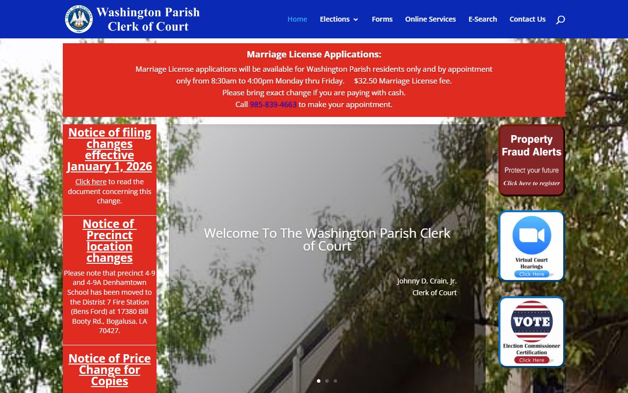 Washington Parish Clerk of Court homepage for felony records in Franklinton