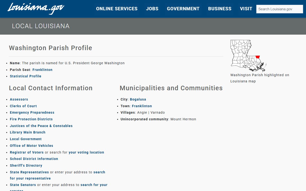 Louisiana state government page for Washington Parish local services and agencies