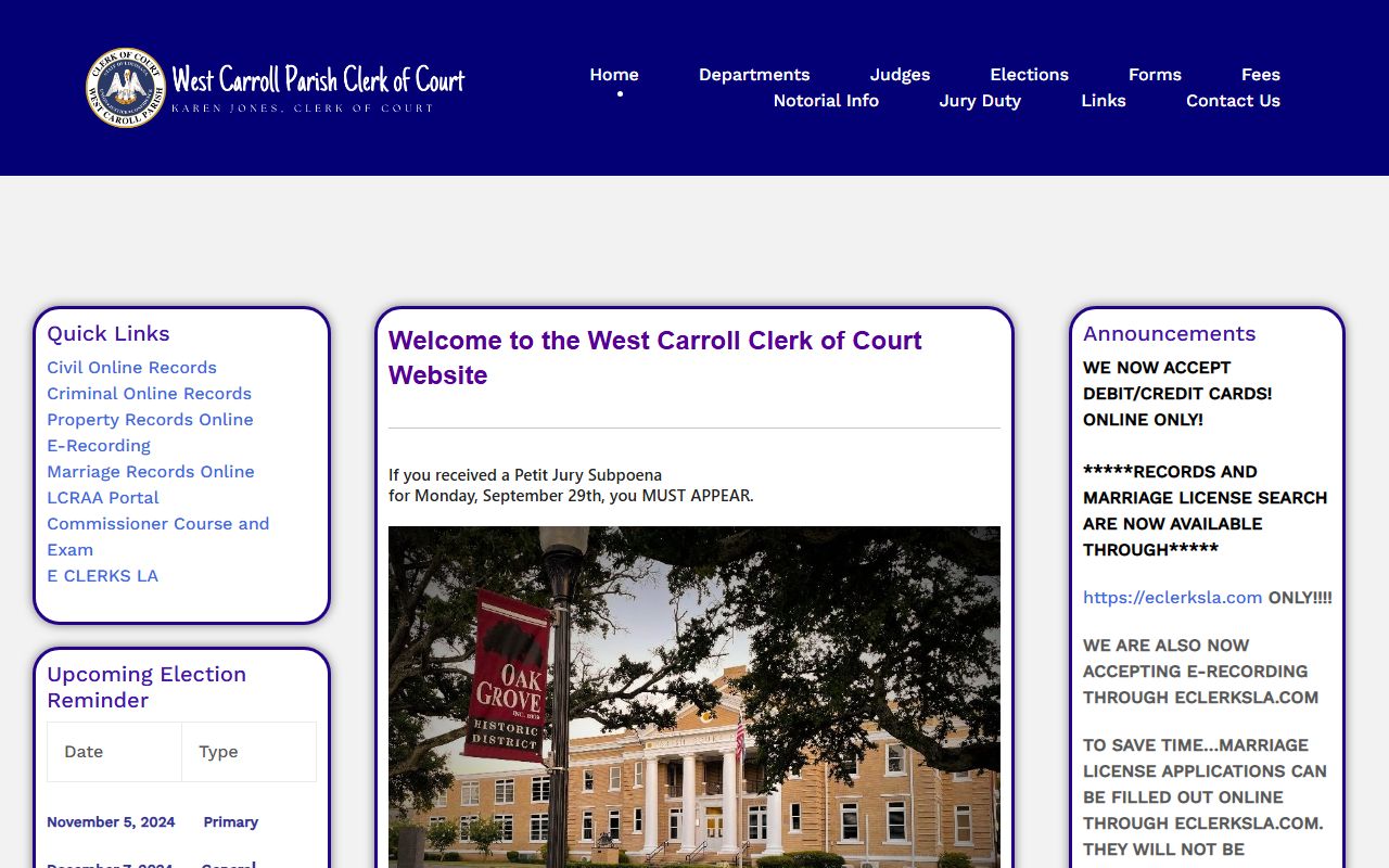 West Carroll Parish Clerk of Court homepage for felony records in Oak Grove