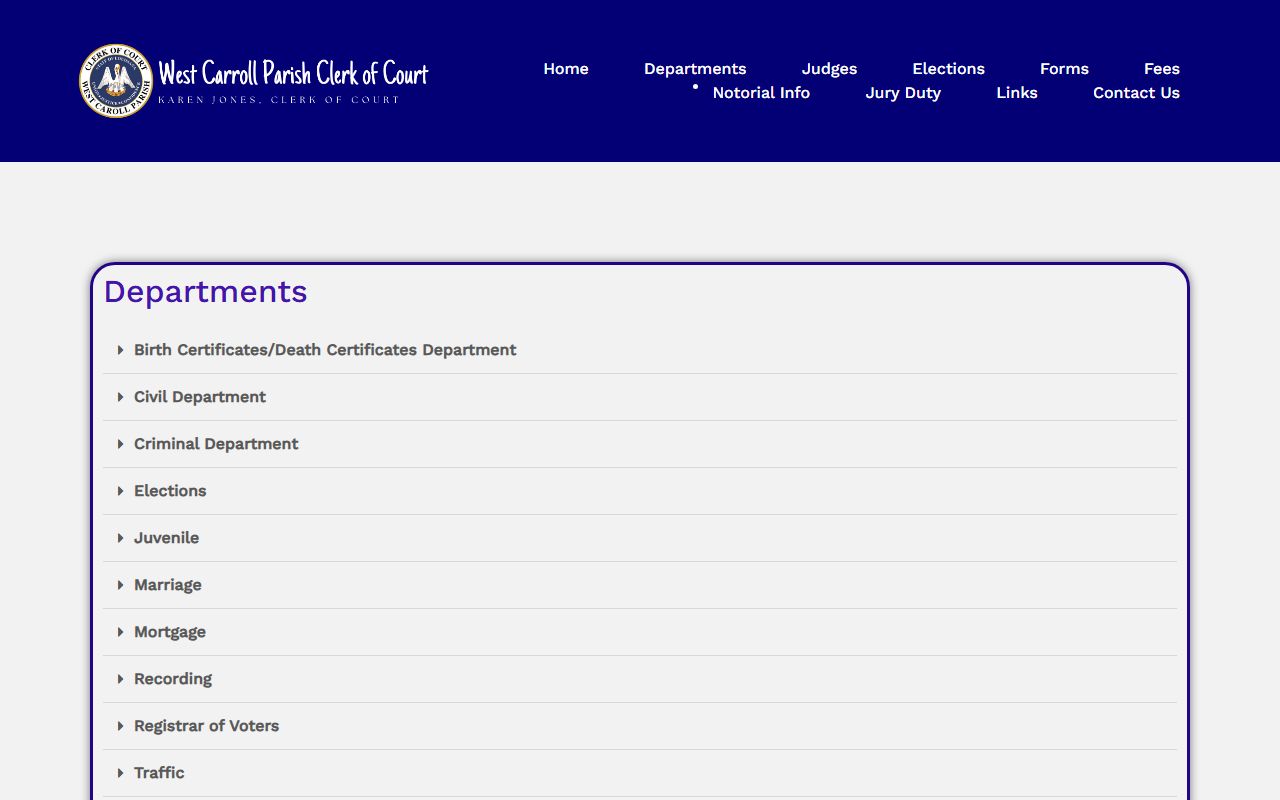 West Carroll Parish Clerk departments section for records and services in Oak Grove