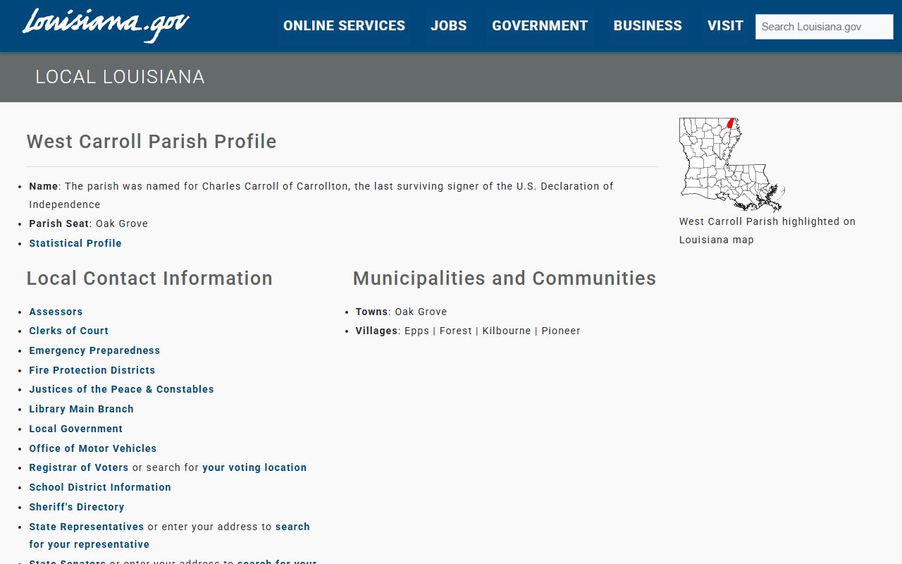Louisiana state government page for West Carroll Parish local services and agencies