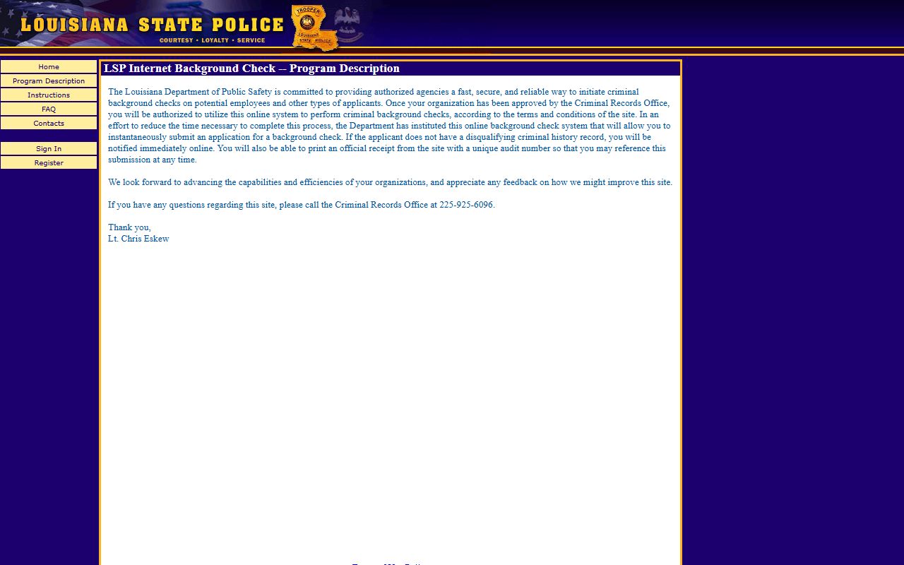 Louisiana State Police Internet Background Check portal for criminal history searches
