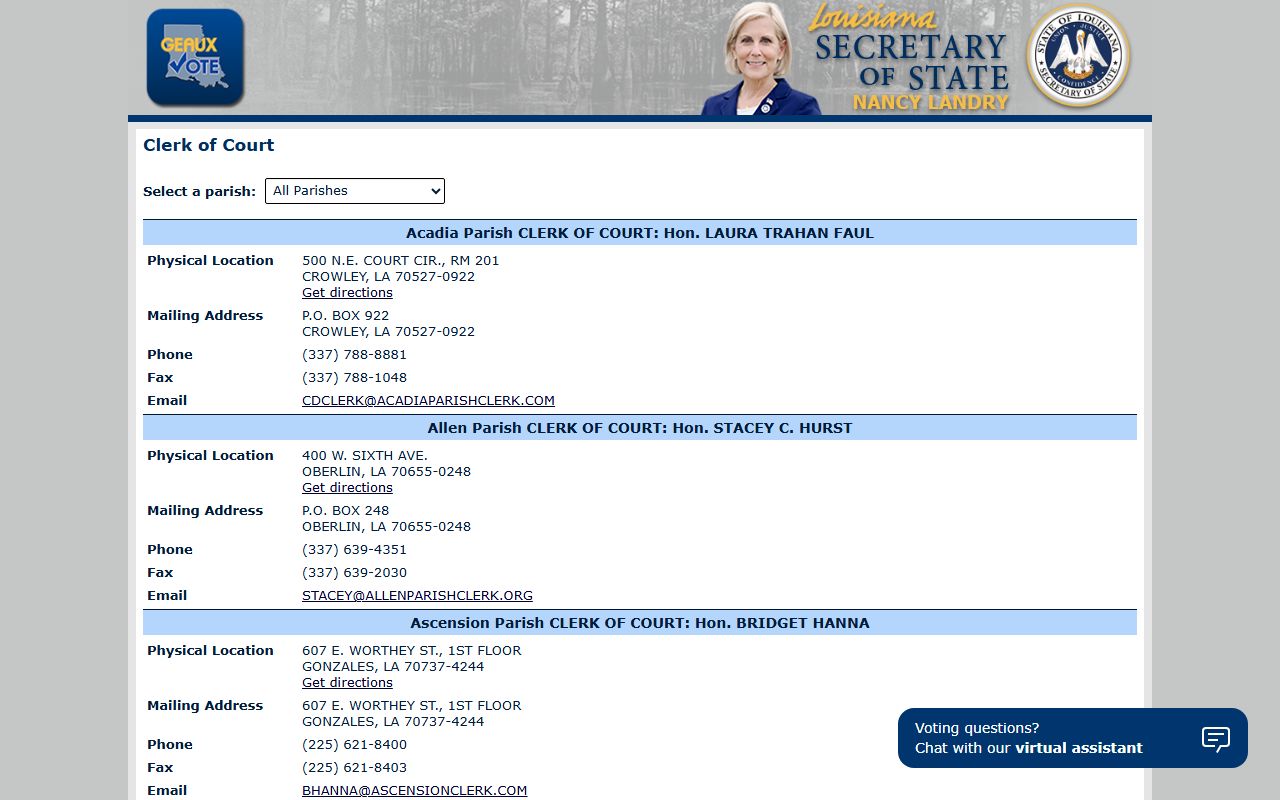 Louisiana Secretary of State clerk portal with parish clerk contact information